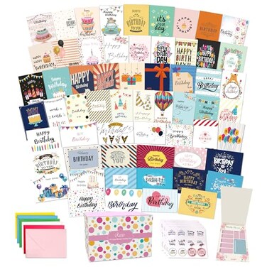 Racrico 60 Unique Birthday Cards Assorted Happy Birthday Cards 5 x 7 inches With Messages Envelopes Stickers in Bulk Boxed Set