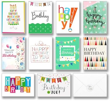 TM Quality Designs LLC 120 Happy Birthday Cards for Office Business and Personal Use with Short Generic Message Inside Assorted Greeting Notes Bulk with Envelopes and Stickers 4x6 Inch