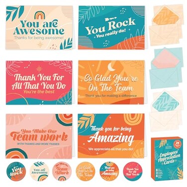 Decorably 24 Pack 6x4in Employee Appreciation Cards with Envelopes and Stickers 6 Retro Designs Staff Appreciation Cards Blank Inside Promotion Recognition Work Anniversary