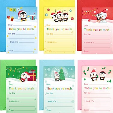 ceiba tree Christmas Fill in the Blank Thank You Cards with Envelopes for Kids 24PcsPenguin Theme