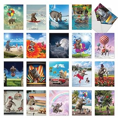 The Best Card Company 20 Assorted Thank You Notecards Bulk Box Set 4 x 512 Inch with Envelopes 20 Designs 1 Each Elefantasy Adventures AM10307TYGB1x20