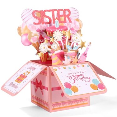Gosknor Funny Happy Birthday Sister Pop Up Card 3D Birthday Card with Envelope Unique Gift for Women Party Decoration Keepsake