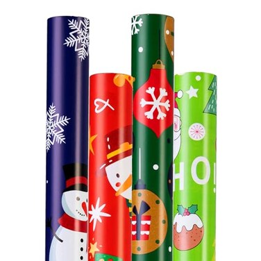 Cherubfunz Christmas Wrapping Paper 4 Rolls 93 sq ft Total Funny Santa Claus Snowflakes Snowman Pine Trees 17 in x 165 ft per Roll