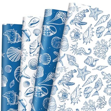 JarThenaAMCS 8 Sheet Summer Ocean Wrapping Paper White Blue Seashell Fish Gift Wrap Paper Folded Flat Under the Sea Art Papers for DIY Crafts Gift Wrapping27 x 20 Inch