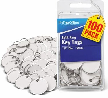 1InTheOffice 100 Pack Metal Key Tags with Split Ring and White Card Labels