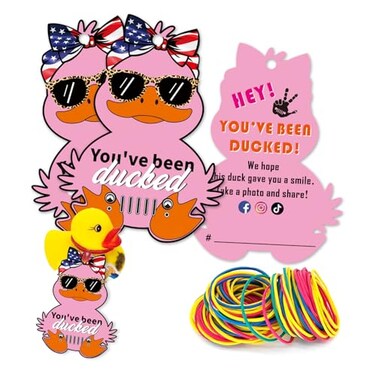 Waxvery Youve Been Ducked Duck Tags Cute Ducking Game Cards 35 Pack Duck Tags with Hole and Rubber Band Rhubarb Duck Design Pink Duck