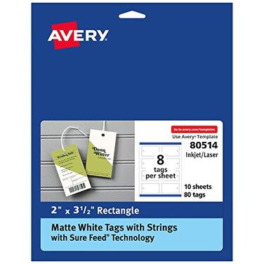 Avery Rectangle Tags Sure Feed Technology 2 x 35 Matte White Strings Included 80 Total PrinttoTheEdge LaserInkjet Printable 80514