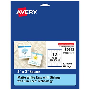 Avery Square Tags Sure Feed Technology 2 x 2 Matte White Strings Included 120 Total PrinttoTheEdge LaserInkjet Printable 80513