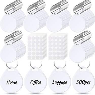 Geyee 500 Pcs 125 Inch Writable Tough Plastic Key Tags Sturdy Round White Item Identifiers with Split Ring with 1000 Pcs White Label Stickers