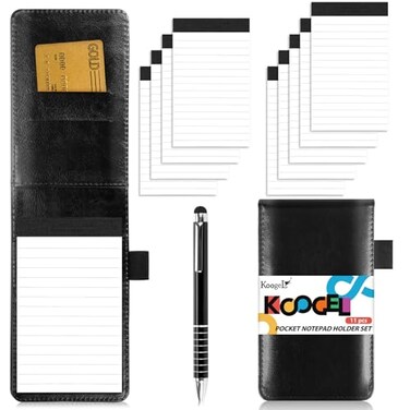 Koogel 11PCS Mini Pocket Notepad Holder Set 34 x 55 Inch Small Notepad with Pen and 9 Memo Book Refills Server Lined Papers Desk Notepads for Office Supplies Writing and Memo pads 30 Sheets Each