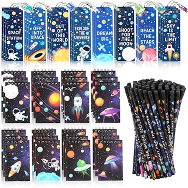 Kolewo4ever 148 Pieces Outer Space Theme Stationery Set100 Space Pencils Astronaut Pencils 24 Planet Rocket Mini Spiral Notepad Memo Pad 24 Space Ship Metal Charms Bookmarks