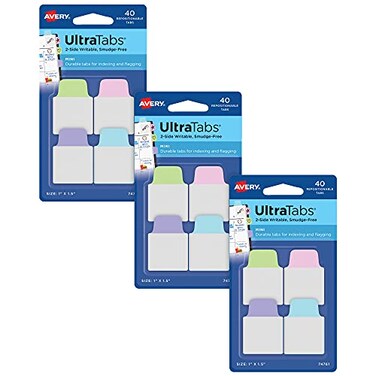 Avery Ultra Tabs Mini Tabs 1 x 15 2Side Writable Assorted Pastel Colors Self Adhesive Repositionable 40 Per Pack 120 Total 3Pack of 74761