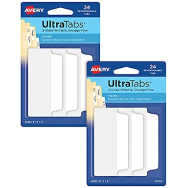 Avery Ultra Tabs File Tabs 3 x 15 2Side Writable White SelfAdhesive 24 Per Pack 48 Total 2Pack of 74776