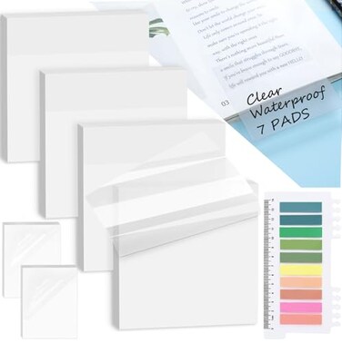Tecolu 7IN1 Transparent Sticky Notes Set 400 Sheets 7 PadsSticky Tabs 3x3 inch Clear Sticky Note Waterproof 5X Stickiness SeeThrough Translucent Sticky Note for School Office Bible Supplies