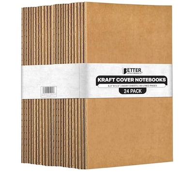 Better Office Products Kraft Notebooks with Lined Paper 24 Pack 83 in x 55 in A5 Size 60 Lined Ivory Pages 80 gsm Soft Cover Composition Notebooks Stitched Spines Kraft Travel Journals