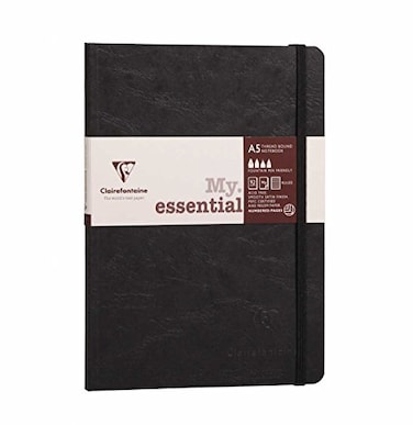Clairefontaine 793461C Age Bag Collection A MyEssential Black Sewn Elasticated Notebook A5 148x21 cm 192 Lined Numbered Pages 90 g Ivory Paper Grain Leather Glossy Card Cover