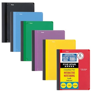 Five Star Interactive Notetaking Composition Book 1 Subject College Ruled Paper 9 x 11 100 Sheets Customizable Assorted Colors 6 Pack 38612