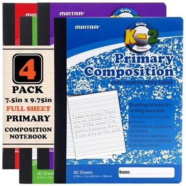 Mintra Office Mintra Primary Composition Notebook 4 Pack Assorted Colors 80 Sheets 75in x 975in Full Sheet Ruled with Drawing Area Flexible Hardcover Journal Grade K2 School Home Use