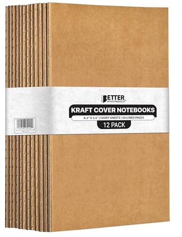 Better Office Products Kraft Notebooks Lined Paper 12 Pack 83 in x 55 in A5 Size 60 Lined Ivory Pages 80 gsm Soft Cover Composition Notebooks Stitched Spines Kraft Travel Journals