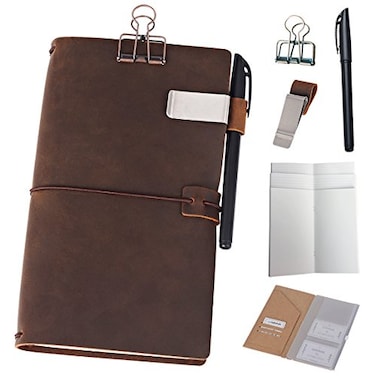 newestor Refillable Leather Journal Travelers Notebook 85 x 45 Travel Diary with 5 Inserts Pen Holder and Binder Clip Standard Size Brown