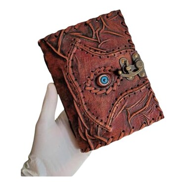 TUZECH Customizable Hocus Pocus Book of Spells Leather Journal with Third Eye Design Deckle Edge Paper Vintage Grimoire Witch Notebook with Seven Chakra Lock Clasp 7 x 5 Inches