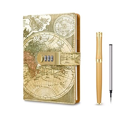 JiaoJiRen Vintage Old Map Diary with LockA5 Locking Journal Pu Leather Refillable Writing Notebook with Lock Combination Password Personal Lock Journal with PenGift Box Secret Lock Diary for Adults Me