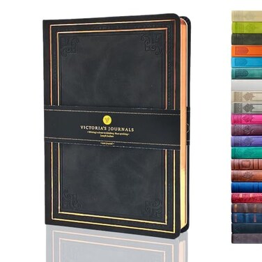 VICTORIA'S JOURNALS VICTORIAS JOURNALS Leatherette Vintage Journal Hard Cover Lined Notebook Old Looking Travel Diary Black 57 x 81
