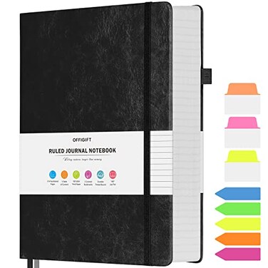 OFFIGIFT Lined Journal Notebook Large A5 College Ruled Notebook 312 Numbered Pages Work Notebook with Index Stickers 100gsm Thick Paper Hardcover Vegan Leather Journal for Women Men School Office Blac