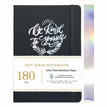 BUKE Dotted Notebook Journal 180GSM Bamboo Thick White Paper 160 Pages 5 5MM Dot Grid Lay Flat BindingColored Silver Edges Bookmarks and Expandable Back Pocket BKP8