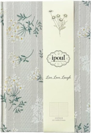 ipoul Floral Journal for women Floret Printed Fabric Cloth Hardcover A5 200 Pages 6x8 Medium Ruled Notebook Similar Embroidered Linen Journal Lay Flat Church Notes Notebook Beige