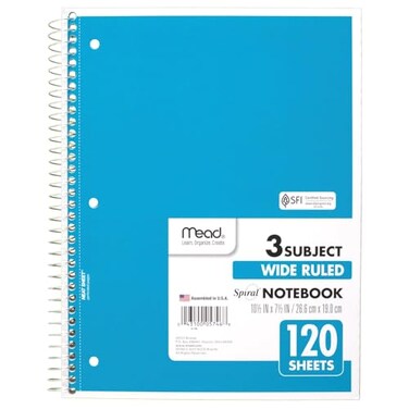 Mead Spiral Notebook 3 Subject Wide Ruled Paper 712 x 1012 120 Sheets Color Will Vary 93020625