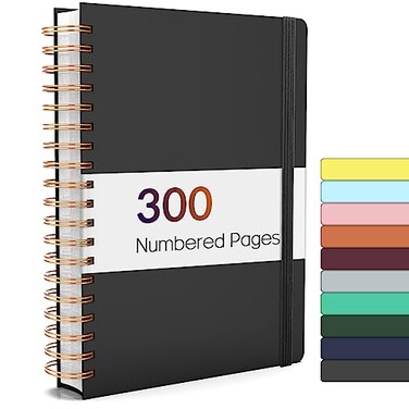 Forvencer Lined Spiral Journal Notebook with 300 Numbered Pages B5 College Ruled Thick Journals for Writing with 100GSM Paper Hardcover Notebooks with Contents for Work School Women Men Black
