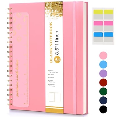 UEBZFOCS Blank Spiral Notebook Journal 85 x 11 A4 Large Pink Sketch Book for Women Men 100 GSM Blank Paper Drawing Notebook Plastic Hardcover Spiral Bound Sketchbook for Sketching Work School Writing