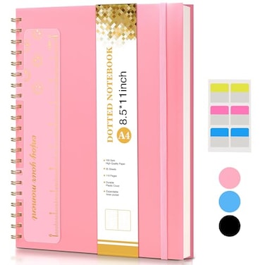 UEBZFOCS Dotted Notebook Spiral Notebook Journal 85 x 11 A4 Large Dot Grid Notebooks for Women Men 100 GSM Dotted Paper Plastic Hardcover Spiral Bullet Journals for Work School Sketching Pink