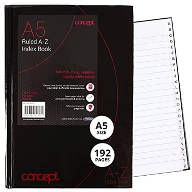 Premier Stationery C3242031 A5 Concept 192 Page AZ Index Hardback Notebook