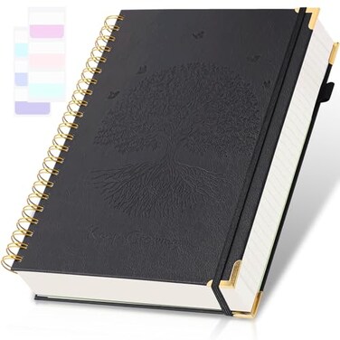 Amanple Spiral Notebook College Ruled Notebook A5 300 Pages Leather Journals for Writing 57 x 85 Hardcover Journaling Notebooks for Work School 24pcs Tabs Large Embossed Journal for Women Men Black