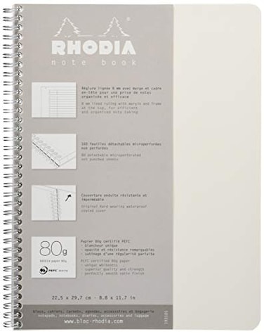 Rhodia 193101C Spiral Notebook Full Bound White Notebook A4 Ruled 160 Detachable Pages Clairefontaine Paper 80 gm Soft and Resistant Coated Card Cover Classic