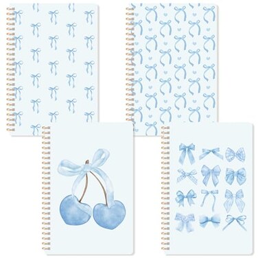 CNhoqc Blue Spiral Journal Notebook 4 Pcs Blue Bow Coquette Preppy Lined Pages Spiral Bound Journal Hardcover Subject Notebook College Ruled Work Back To School Office Supplies Note Taking Women Man