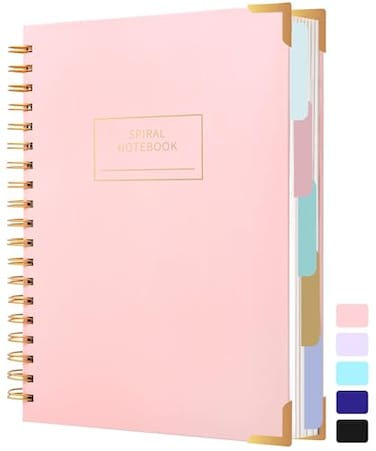Yoment Hardcover Spiral Notebooks for Work School B5 Journal Notebook with Tabs Dividers Multi 5 Subject Notebook College Ruled 240 Pages Lined Journal for Women Pink