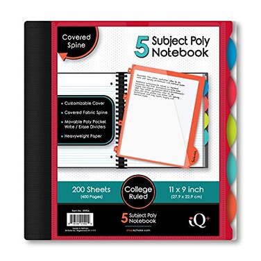 iScholar iQ 5Subject Poly Cover Wirebound Notebook College Ruled 11 x 85 Inch Sheet Size 200 Sheets Cover Color May Vary 59906