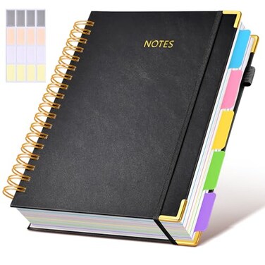 dilitego Hardcover Spiral Notebook journal with Removable Dividers Tabs 300 Pages Leather 5 Subject Notebook College Ruled 8x10 Large B5 Notebooks for Work School Note taking Lined Journal for WomenBl
