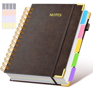 dilitego Hardcover Spiral Notebook journal with Removable Dividers Tabs 300 Pages Leather 5 Subject Notebook College Ruled 100GMS A5 Notebooks for Work School Note takingLined Journal for WomenA5 Brow
