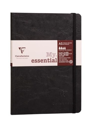 Clairefontaine 793431C Age Bag Collection A MyEssential Black Sewn Elastic Notebook A5 148x21 cm 192 DOT Numbered Pages 90 g Ivory Paper Grain Leather Glossy Card Cover