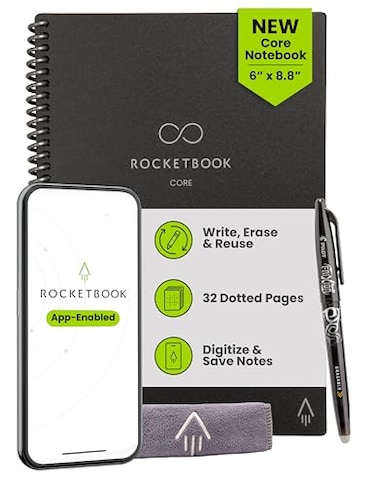 Rocketbook Core Reusable Smart Notebook Dot Grid Pages For School Work and Creative Projects Executive Size 6x88 Black Premium