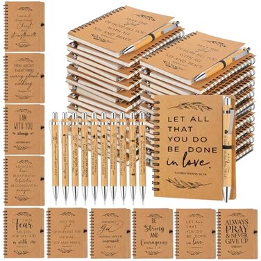 Kosiz 100 Pcs 50 Set Fathers Day Christian Gift Bulk Include Spiral Notebook and Bible Verse Ballpoint Pen Prayer Journal Religious Gift for Church Members Study Groups Men Women Sunday School