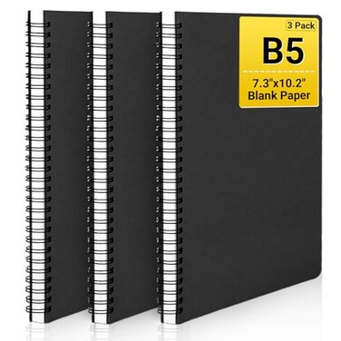 EUSOAR Blank Notebook Journal B5 3 packs 73x102 Black Hardcover Spiral Plain Travel Writing Notebooks Notepad Sketchbook Students College Office Business Subject Diary Spiral Book Journal