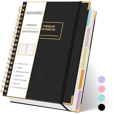 Huhuhero 5 Subject Notebook 240 Pages Lined Spiral Journal College Ruled 76 x 105 B5 Hardcover Journaling Notebooks for Work Note Taking College School Supplies Black
