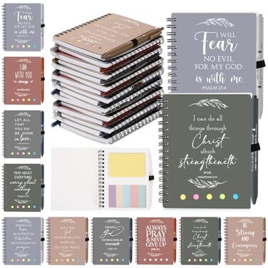 Kosiz 20 Pcs10 Set Fathers Day Christian Gift Bulk Spiral Religious Notebook with Sticky Note Bible Verse Pens Notepads Religious Church Volunteer Gift Sunday School Teacher Employee Netural Color