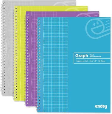 Emraw Graph Paper Notebook 4 Pack Grid Notebook Graph paper spiral notebook Graph notebook 4 Squares per inch Grid paper notebook White Paper Quad Ruled Spiral Assorted Colors by Enday