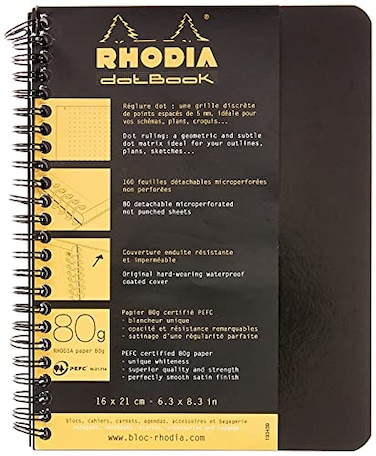 Rhodia 193439C Spiral Notebook Full Bound Notebook Black A5 Dot Dot 160 Detachable Pages White Clairefontaine Paper 80 gm Soft and Resistant Cover Classic